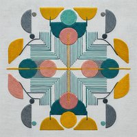 Modern geometric embroidery pattern with colorful circles and linear elements on white fabric background for contemporary textile design projects.