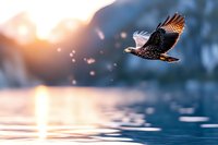 Majestic bald eagle soaring over tranquil water at sunrise, wings spread against soft bokeh background with glowing sunlight reflections on lake surface.