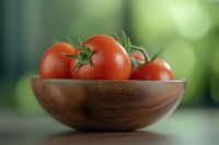 Fresh ripe red tomatoes with green stems in wooden bowl against blurred natural green background, selective focus on foreground produce.