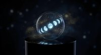 Lunar phases cycle displayed in glowing crystal sphere on dark pedestal against starry night sky background for astronomy education and celestial design projects.
