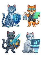 Cartoon cats wearing glasses holding security shields, laptops, and tools isolated on white background. Cybersecurity and tech support mascots for business applications.