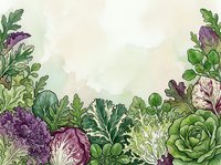 Vegetable garden border with fresh produce including cabbage, kale, and leafy greens arranged on isolated white background, suitable for culinary designs and food-related projects.