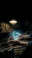 Skilled craftsman hands holding glowing reset button hologram in vintage workshop with tools and machinery for technology restart concept.