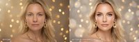 Mature blonde woman with fair skin receiving facial enhancement treatment, showing before and after results with glowing bokeh background for cosmetic and beauty advertising.