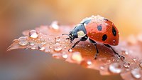 Red ladybug walking on autumn leaf covered with morning dew drops, macro photography with soft orange bokeh background and water droplets.