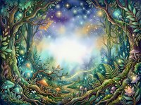 Enchanted forest clearing with glowing magical lights, mystical trees, and luminous particles creating a fantasy woodland scene for fantasy art, game design, and magical storytelling projects.