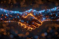 Digital network handshake glowing with blue and orange light effects on dark background, representing business partnership and technological connection.