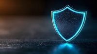 Glowing blue shield symbol on dark textured surface with neon light effect, representing digital security and protection in technology concept.