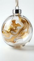 Elegant glass Christmas ornament with swirling gold marble pattern and silver cap hanging on ribbon against white background for holiday decoration.