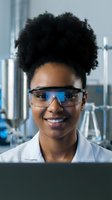 Young African American female scientist wearing protective eyewear and white lab coat smiles at camera in modern laboratory setting with equipment and cityscape visible through windows.