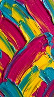 Vibrant abstract acrylic paint strokes in magenta, yellow and turquoise creating dynamic textured surface for creative projects and artistic backgrounds.