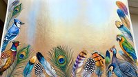 Colorful exotic birds frame with peacock feathers and tropical species creating decorative border on textured background for nature designs.