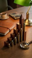 Wooden and brass bar chart with upward arrow showing business growth on executive desk with coffee, calculator, and lamp for financial success concepts.