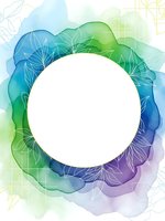 Watercolor floral frame with white circle space for text in blue green purple gradient colors with delicate leaf outlines for wedding invitations and cards.