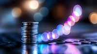 Stack of silver coins on reflective surface with colorful defocused bokeh lights creating magical atmosphere, financial concept for wealth and investment.