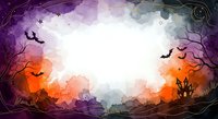 Halloween watercolor background with spooky trees, bats, haunted house silhouettes and decorative border frame for seasonal design projects.