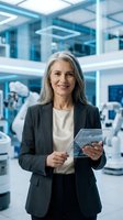 Mature woman with gray hair, Caucasian ethnicity, wearing dark blazer and white top, holding tablet in modern tech laboratory with blue lighting and robotic equipment, representing business professional in innovation environment.