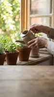 Senior woman watering herb plants on windowsill with small watering can in cozy kitchen setting for home gardening and sustainable living.