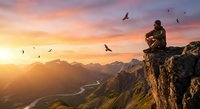 Young man sitting on mountain cliff edge during golden sunset with birds flying overhead in dramatic landscape scenery for meditation and adventure concepts.