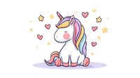 Cute baby unicorn with rainbow mane and tail sitting surrounded by hearts and stars on white background, kawaii style cartoon character for children designs.