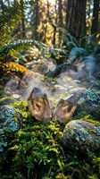 Smoky quartz crystals nestled among moss-covered rocks in enchanted forest setting with dappled sunlight filtering through ferns and tropical foliage.