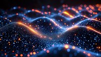 Abstract digital wave with glowing particles and bokeh lights creating futuristic data visualization background for technology presentations and modern designs.
