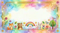 Watercolor kids frame with cute fox, bear, bunny, rainbow, flowers, stars, and birds on colorful pastel background with gold border and copy space.