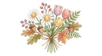 Cute cartoon flower bouquet with smiling faces on white background. Cheerful floral arrangement with daisies, leaves and berries for children designs.