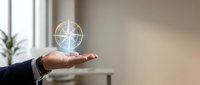 Businessman hand presenting glowing compass hologram in modern office space for navigation and direction concepts in corporate business strategy.