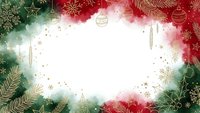Christmas holiday frame with red and green watercolor background, golden snowflakes, pine branches and ornaments creating festive border for text space.