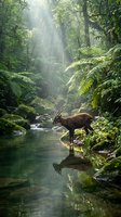 Majestic deer drinking from crystal clear stream in lush tropical rainforest with sunbeams filtering through dense canopy creating magical atmosphere.