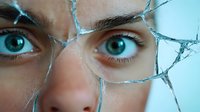 Close up view of bright blue eyes seen through broken glass fragments creating dramatic cracked mirror effect against light background for conceptual design.