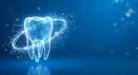 Glowing digital tooth with sparkling particles and light effects on blue background for dental technology and healthcare innovation concepts.