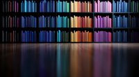 Colorful books arranged on dark library shelves creating rainbow spectrum effect with reflection on glossy floor. Dramatic lighting highlights vibrant spines.
