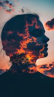 Double exposure silhouette of woman profile merged with vibrant orange sunset sky and tree. Artistic portrait showcasing inner reflection and natural harmony.