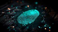 Glowing blue fingerprint on dark circuit board with bokeh lights, representing digital security technology and biometric authentication for cybersecurity solutions.