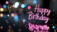 Glowing pink neon happy birthday sign against dark background with festive bokeh lights and sparkles creates magical celebratory atmosphere for greeting cards and party invitations.