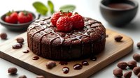 Homemade chocolate cake decorated with fresh strawberries and coffee beans on wooden cutting board, dark moody food photography with selective focus.