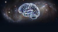 Glowing brain with neural networks floating in cosmic space with stars and nebula background for neuroscience and artificial intelligence concepts.