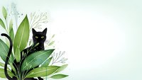 Black cat hiding behind green tropical leaves with copy space for text and design projects on light background.