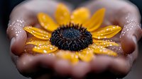 Vibrant yellow sunflower with water drops held gently in cupped hands against dark background, creating intimate nature connection moment. Macro photography.
