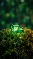 Glowing neon delivery truck with leaf symbol on moss, representing eco-friendly logistics, sustainable transport, and green business solutions for environmental marketing.