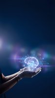 Human hands presenting glowing digital brain with neural network connections and data visualization elements for artificial intelligence concepts.