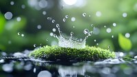 Water drop crown splash on green moss with bokeh nature background, high-speed macro photography capturing liquid dynamics and natural light effects.