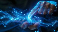 Futuristic digital hand touching glowing network connection with sparkles and light trails in deep blue tones, perfect for technology and artificial intelligence concepts.