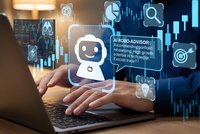 AI robo-advisor chatbot interface with financial data charts and analytics icons floating above laptop keyboard for automated investment management.