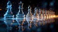 Glass chess pieces on reflective surface with dramatic lighting and bokeh effects create atmospheric composition in blue and orange tones. Strategic game concept.