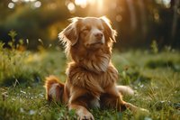 Golden retriever dog relaxing in green meadow at sunset with beautiful bokeh background, enjoying peaceful moment in nature.