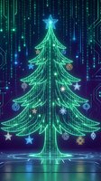 Digital neon Christmas tree with glowing ornaments and binary code matrix background for holiday technology designs and cyber celebrations.