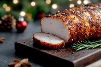 Glazed holiday ham sliced on wooden board with festive decorations, pine cones and Christmas lights creating warm seasonal dining atmosphere.